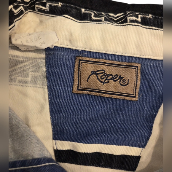 Vintage Roper Pearl Snap Western Shirt L Blue Black Stripe Western Design - Picture 4 of 5